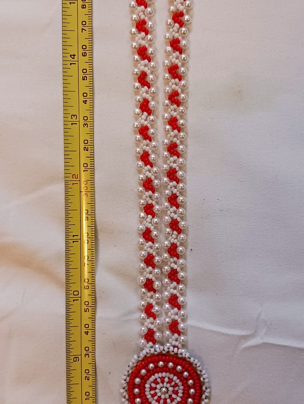 Handmade White and Red Beaded Native American Necklace On Leather.